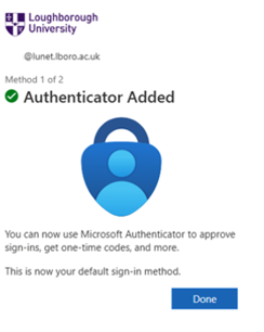 Message screen confirming that MFA Authentication has been added